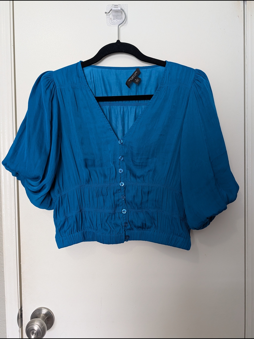Marc New York Teal Blue V-Neck Button-Front Puff Sleeve Blouse Small